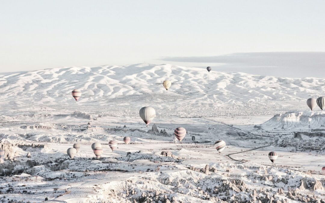 assorted-color air balloons below snowland at daytime